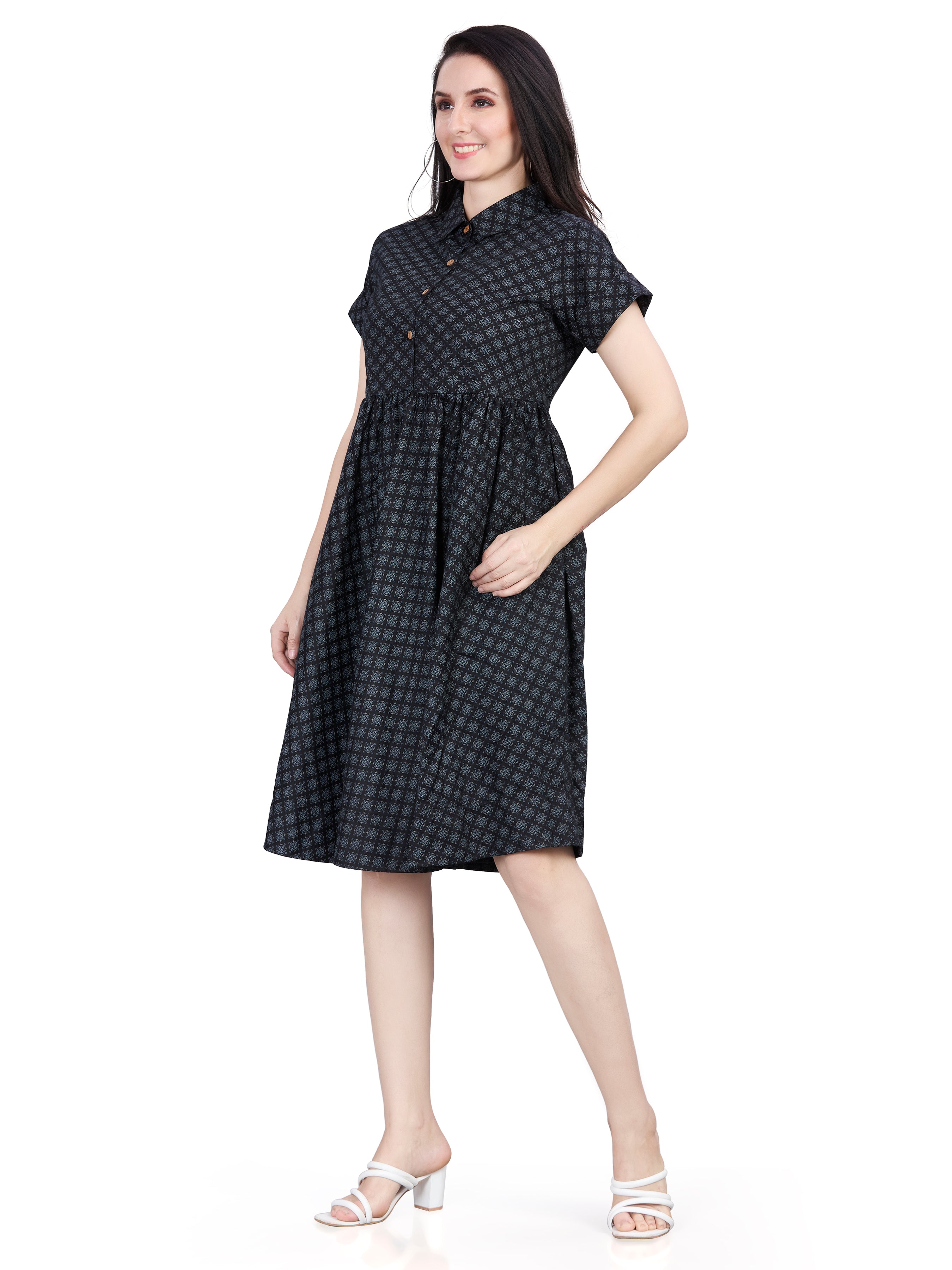 Autumn Hues Women Cotton Abstract Printed Shirt Dress