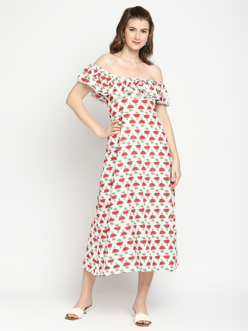 Autumn Hues Floral Printed Off-Shoulder A-Line Midi Dress