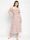 Autumn Hues Floral Printed Off-Shoulder A-Line Midi Dress