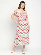 Autumn Hues Floral Printed Off-Shoulder A-Line Midi Dress