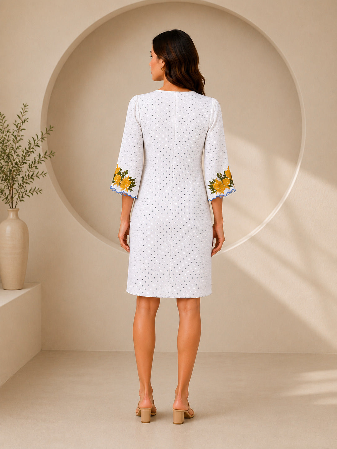 Autumn Hues Women's  Dress with Floral Sleeve Detail