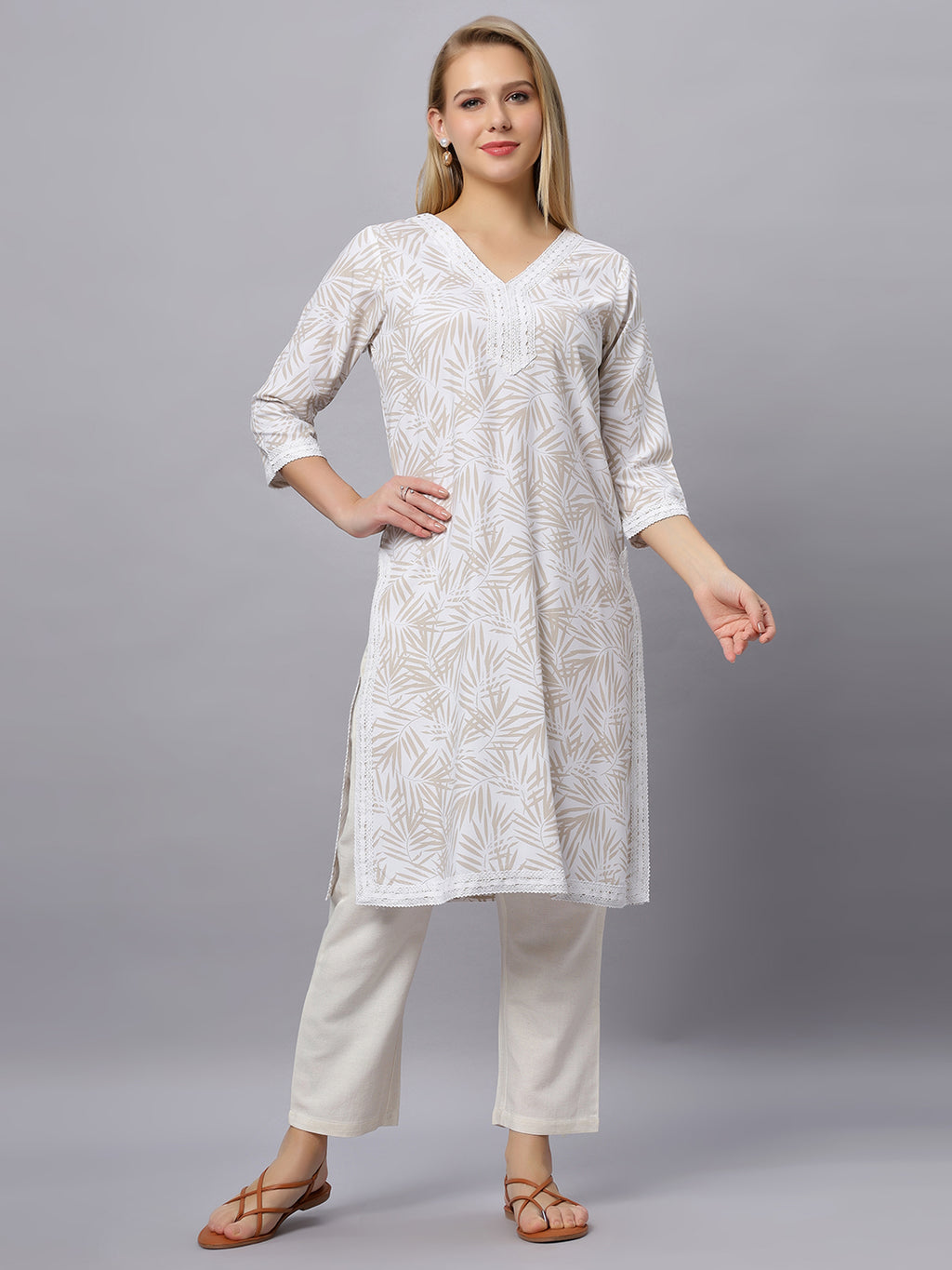 Autumn Hues Beige full sleeves kurta with lace and pants