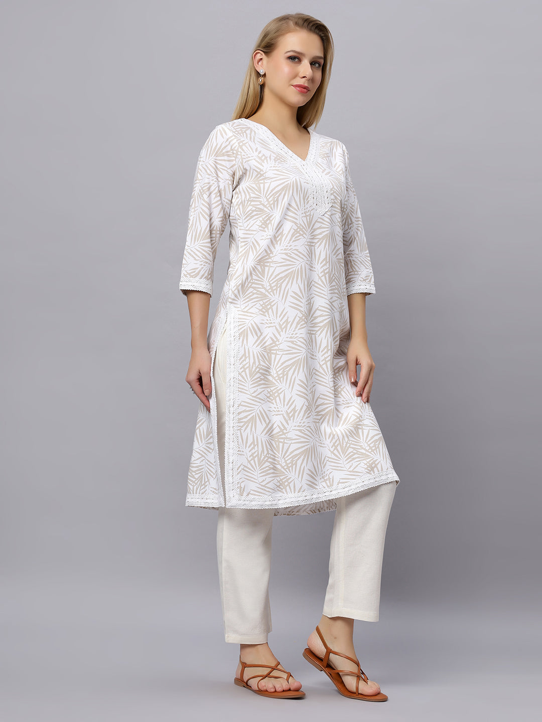 Autumn Hues Beige full sleeves kurta with lace and pants
