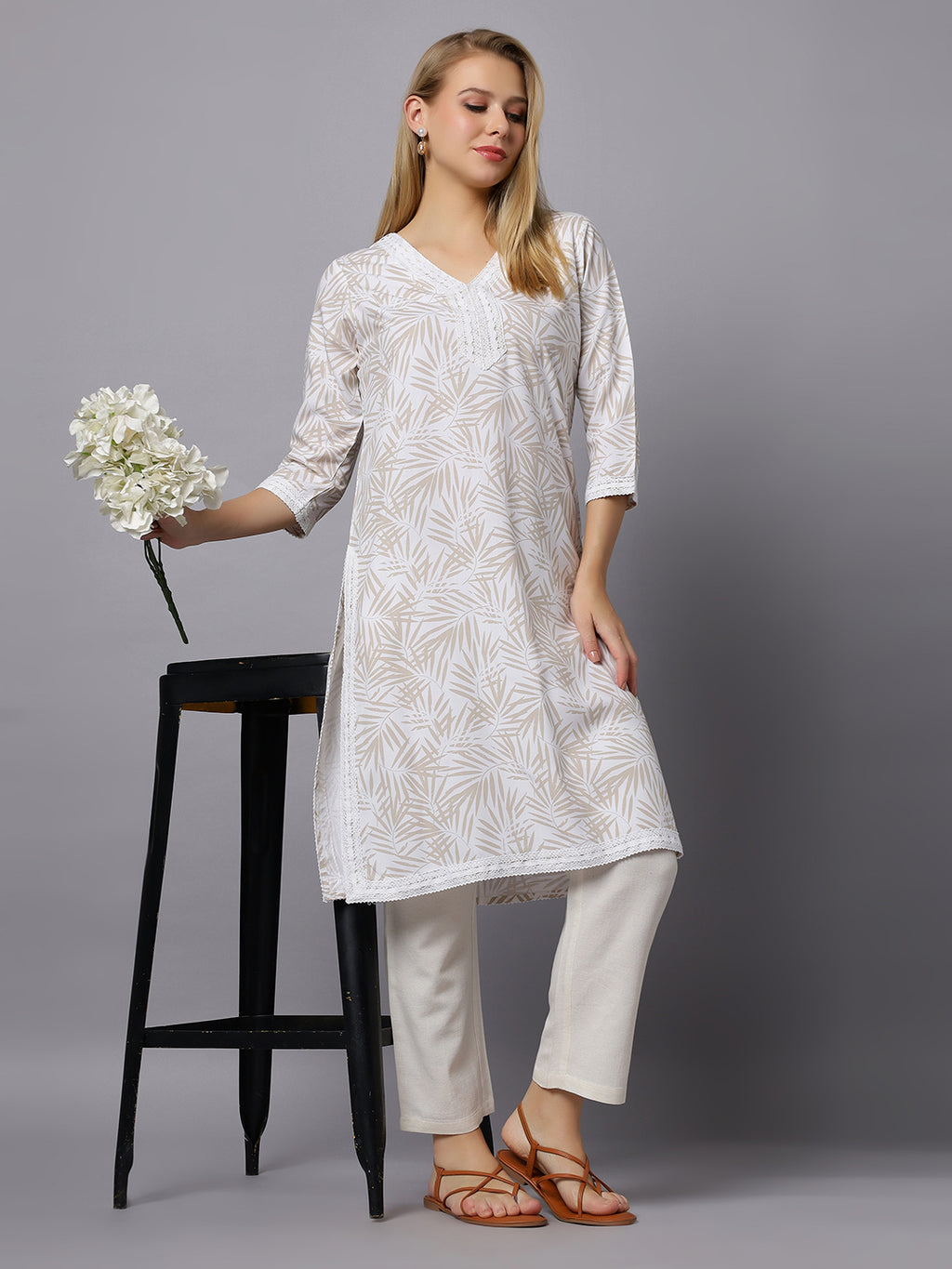Autumn Hues Beige full sleeves kurta with lace and pants