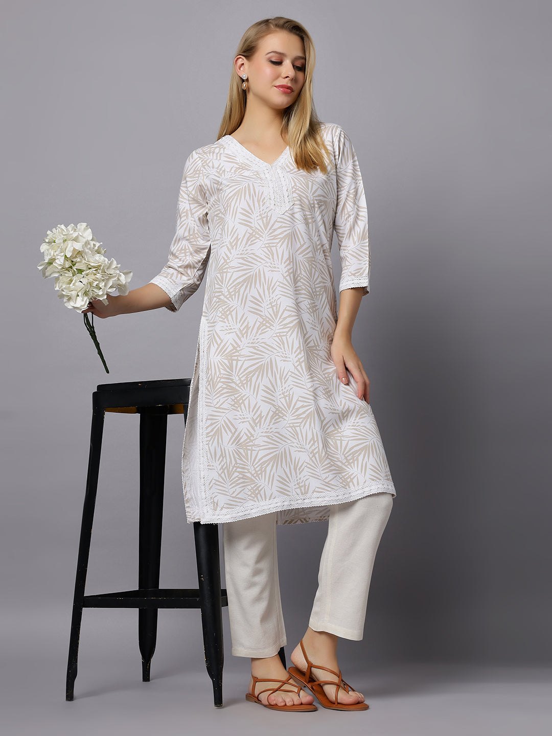Autumn Hues Beige full sleeves kurta with lace and pants