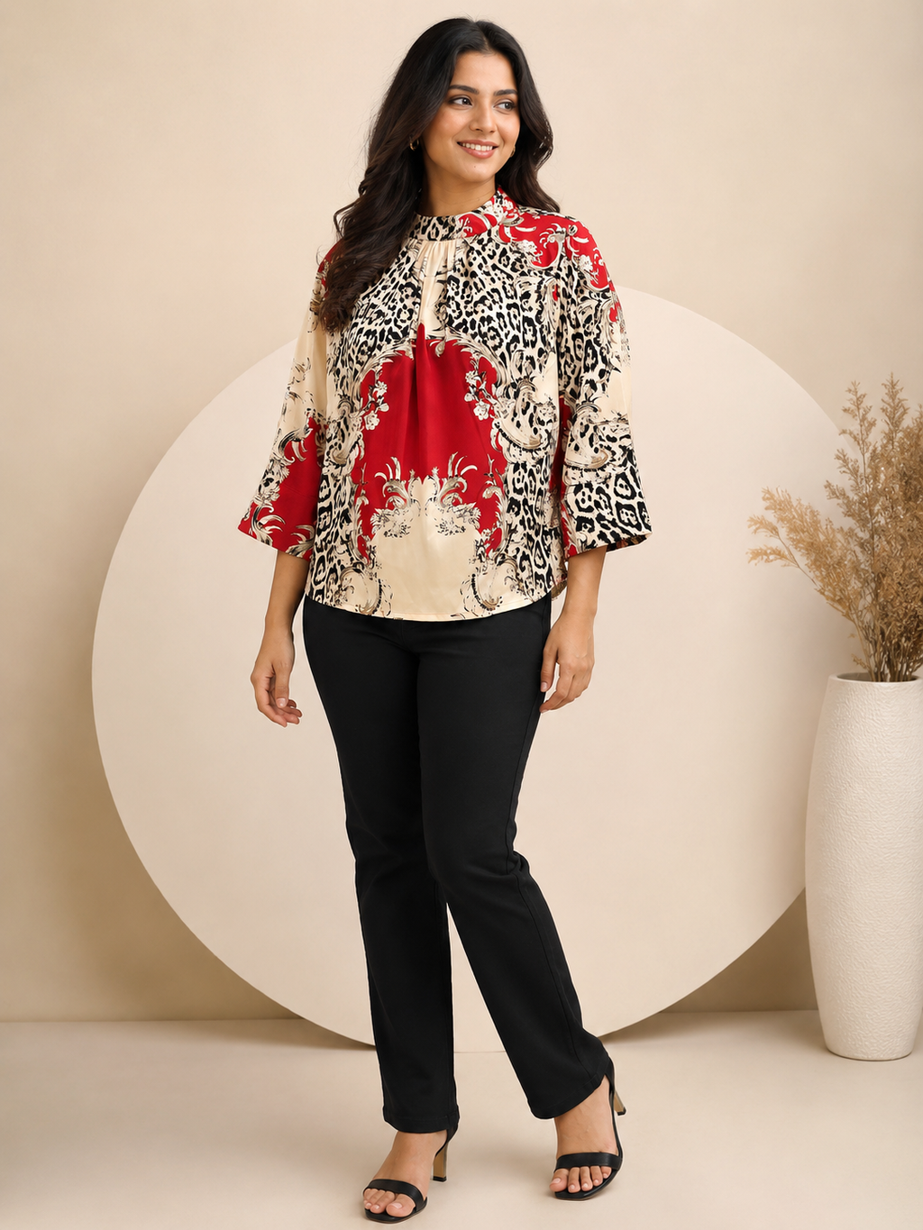 Women’s Printed High-Neck Flared Sleeve Top