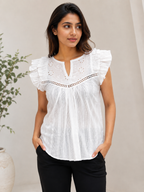 Autumn Hues White Embroidered Ruffle Sleeve Top