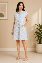 Autumn Hues Women's Sky Blue Printed Shirt Mini Dress