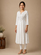 Autumn Hues Women's White Embroidered Anarkali Kurta