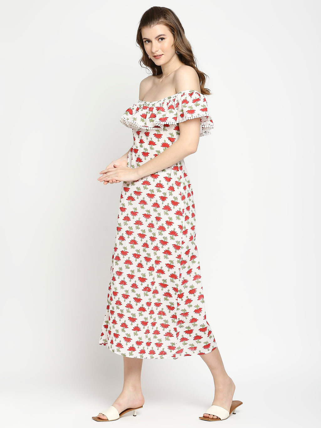Autumn Hues Floral Printed Off-Shoulder A-Line Midi Dress