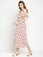Autumn Hues Floral Printed Off-Shoulder A-Line Midi Dress