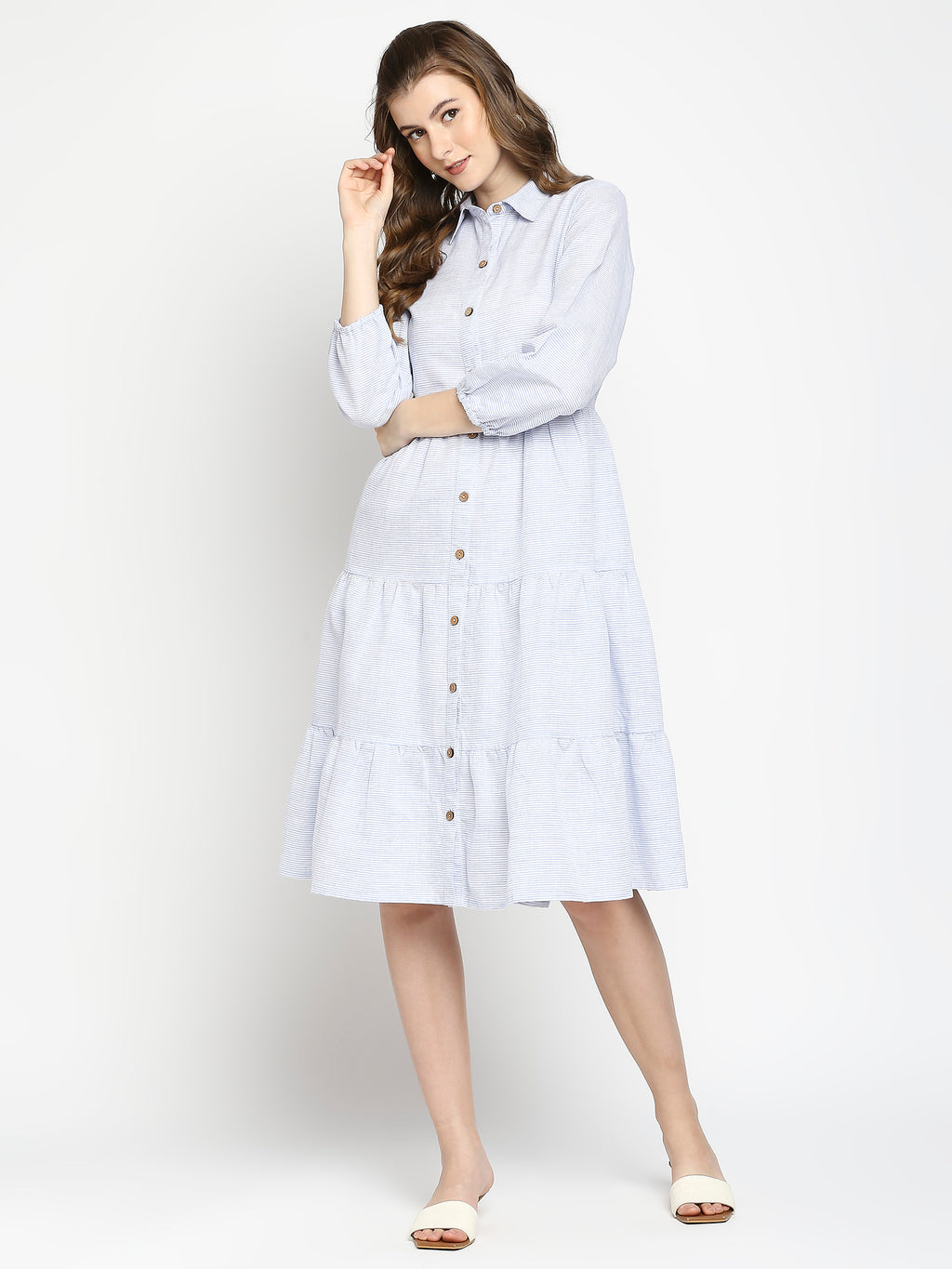 Autumn Hues Blue & White Striped Shirt Dress