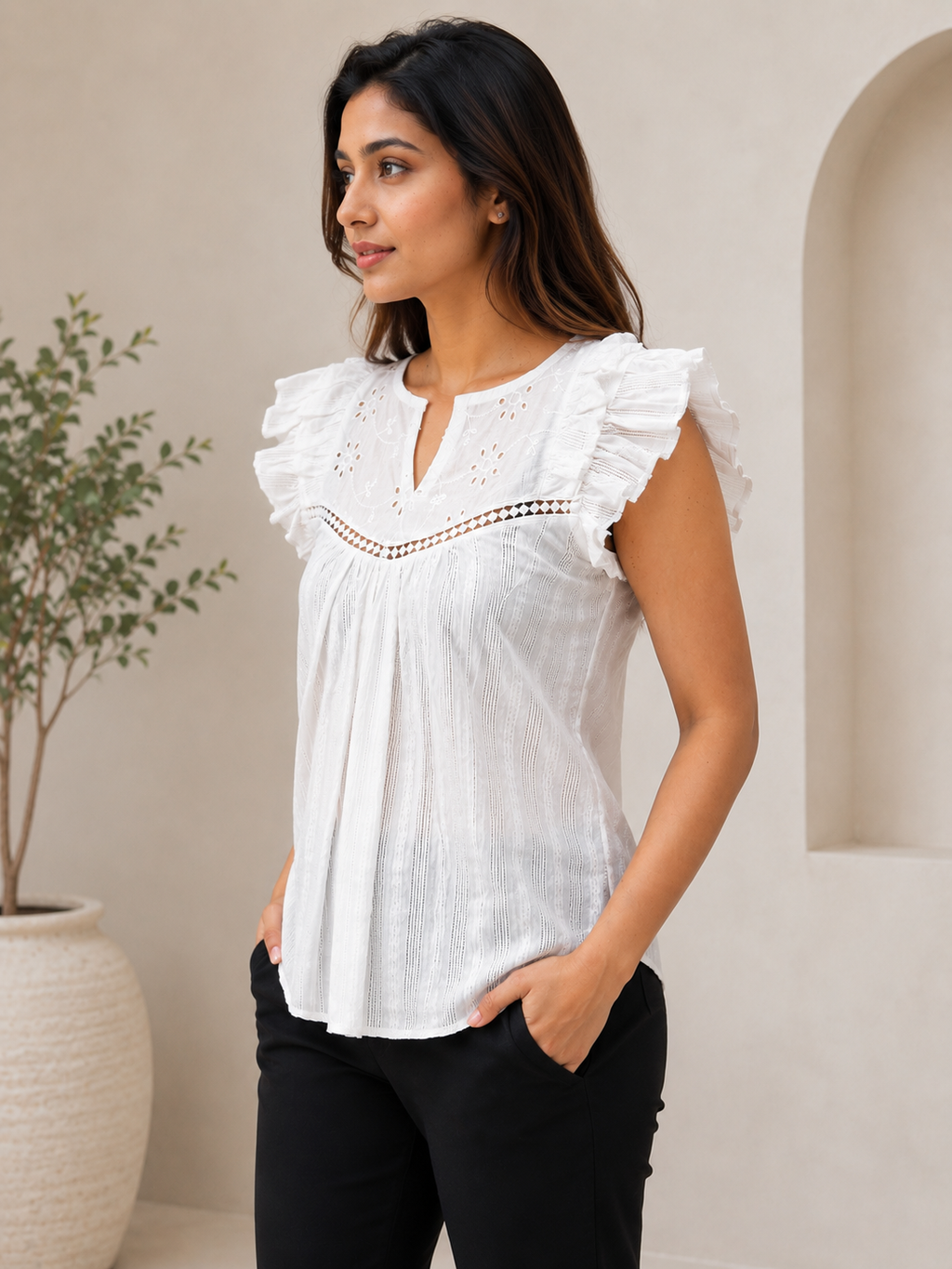 Autumn Hues White Embroidered Ruffle Sleeve Top