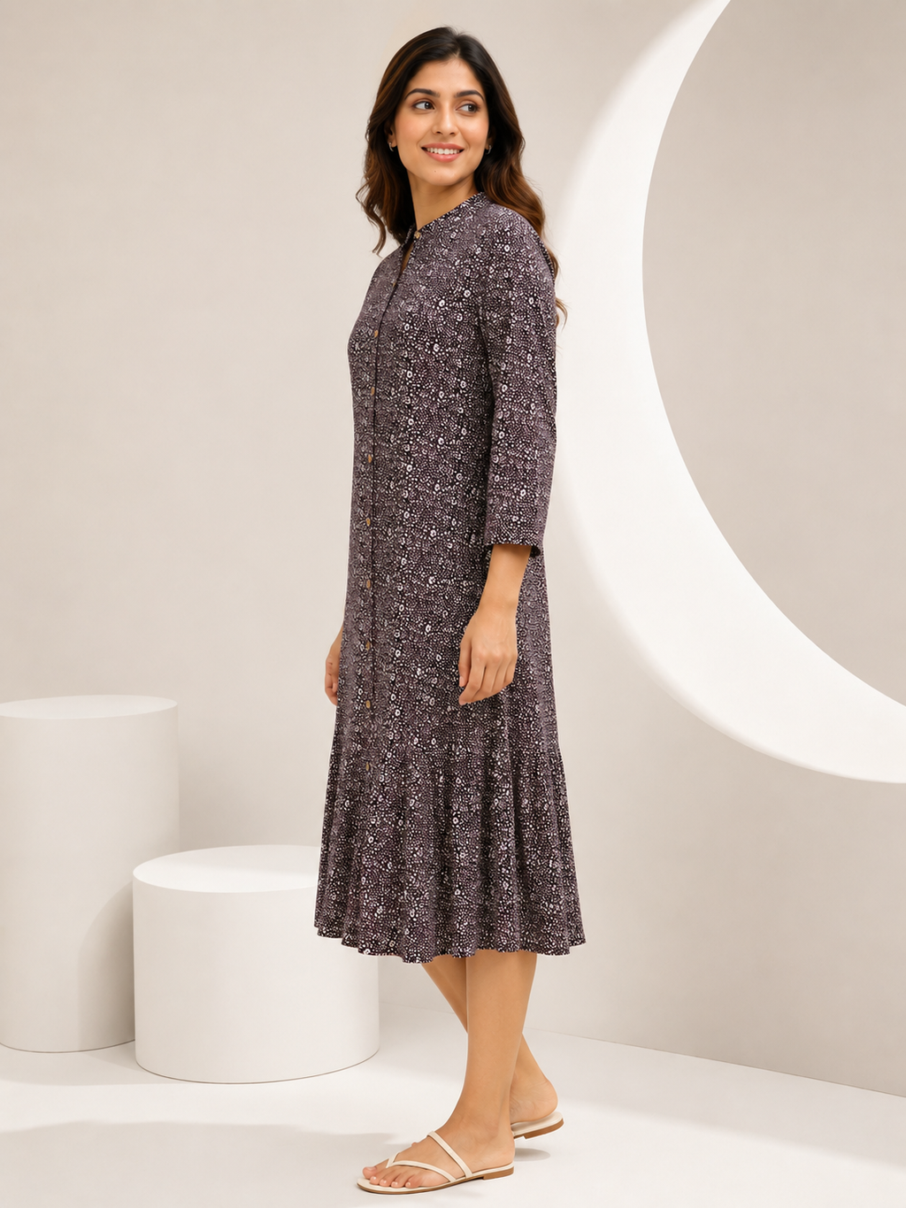 Autumn Hues Printed A-Line Midi Dress with Mandarin Collar