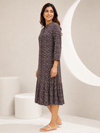 Autumn Hues Printed A-Line Midi Dress with Mandarin Collar