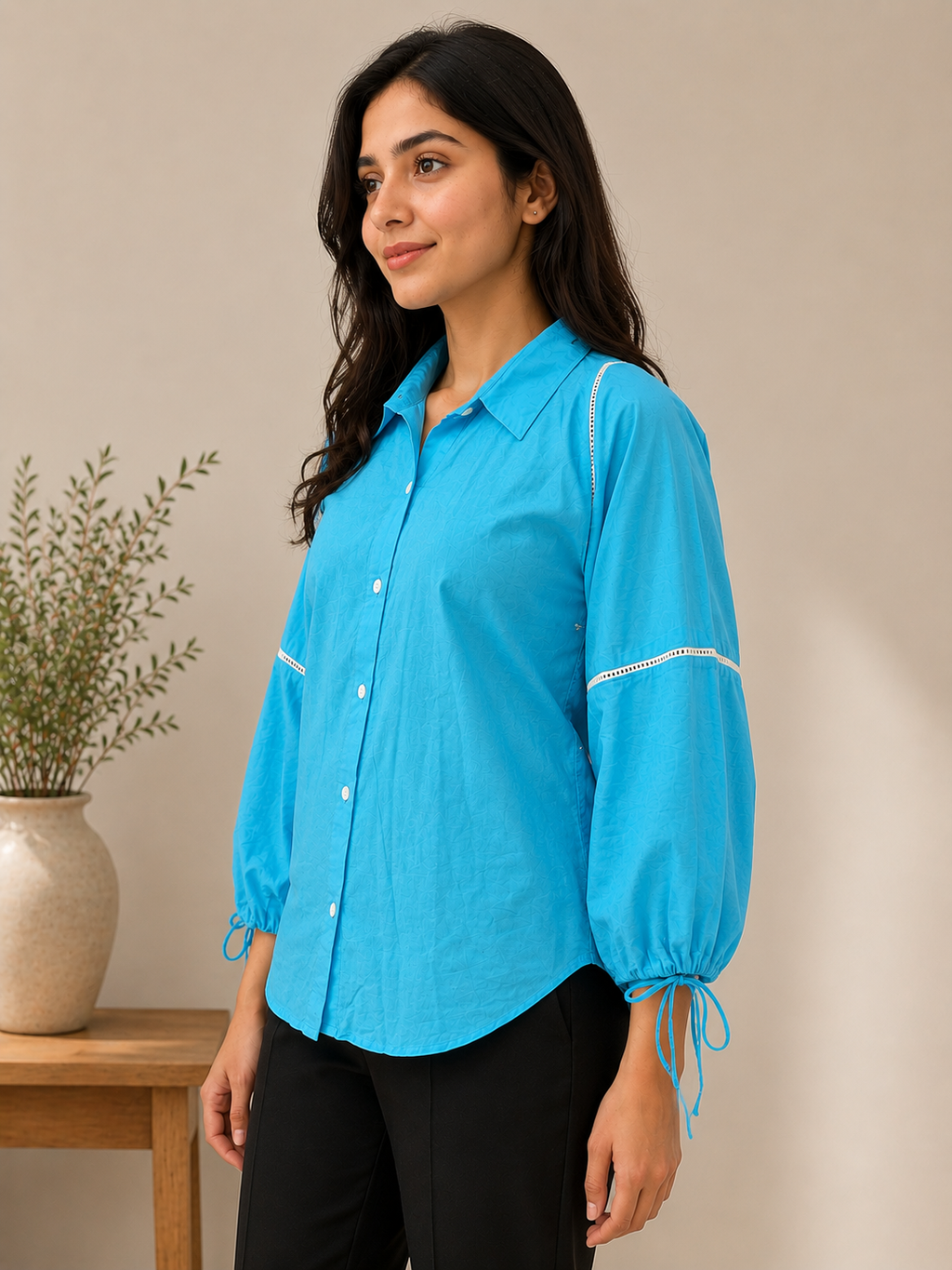 Autumn Hues Women’s Sky Blue Textured Shirt