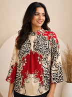 Women’s Printed High-Neck Flared Sleeve Top