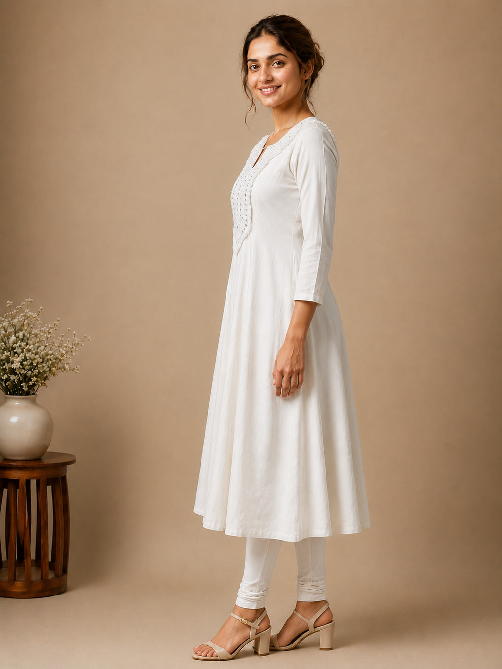 Autumn Hues Women's White Embroidered Anarkali Kurta