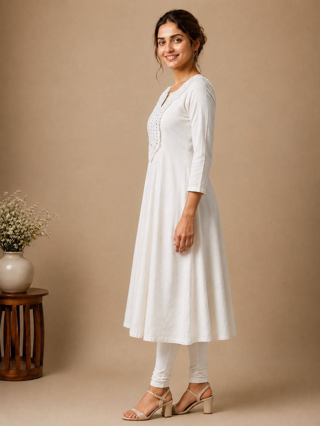 Autumn Hues Women's White Embroidered Anarkali Kurta