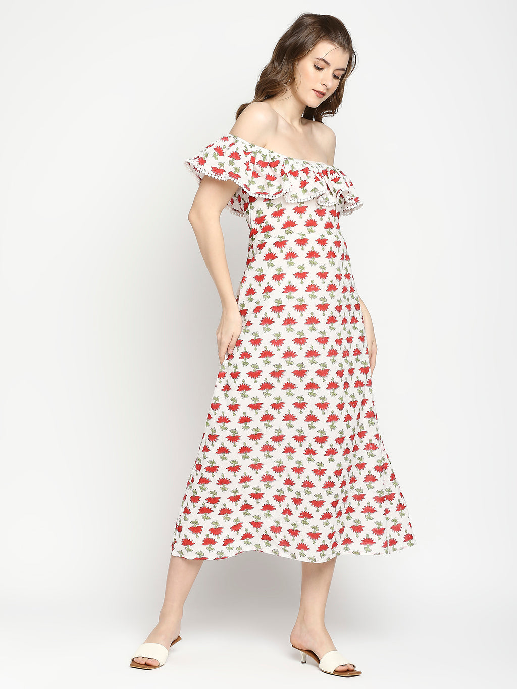Autumn Hues Floral Printed Off-Shoulder A-Line Midi Dress