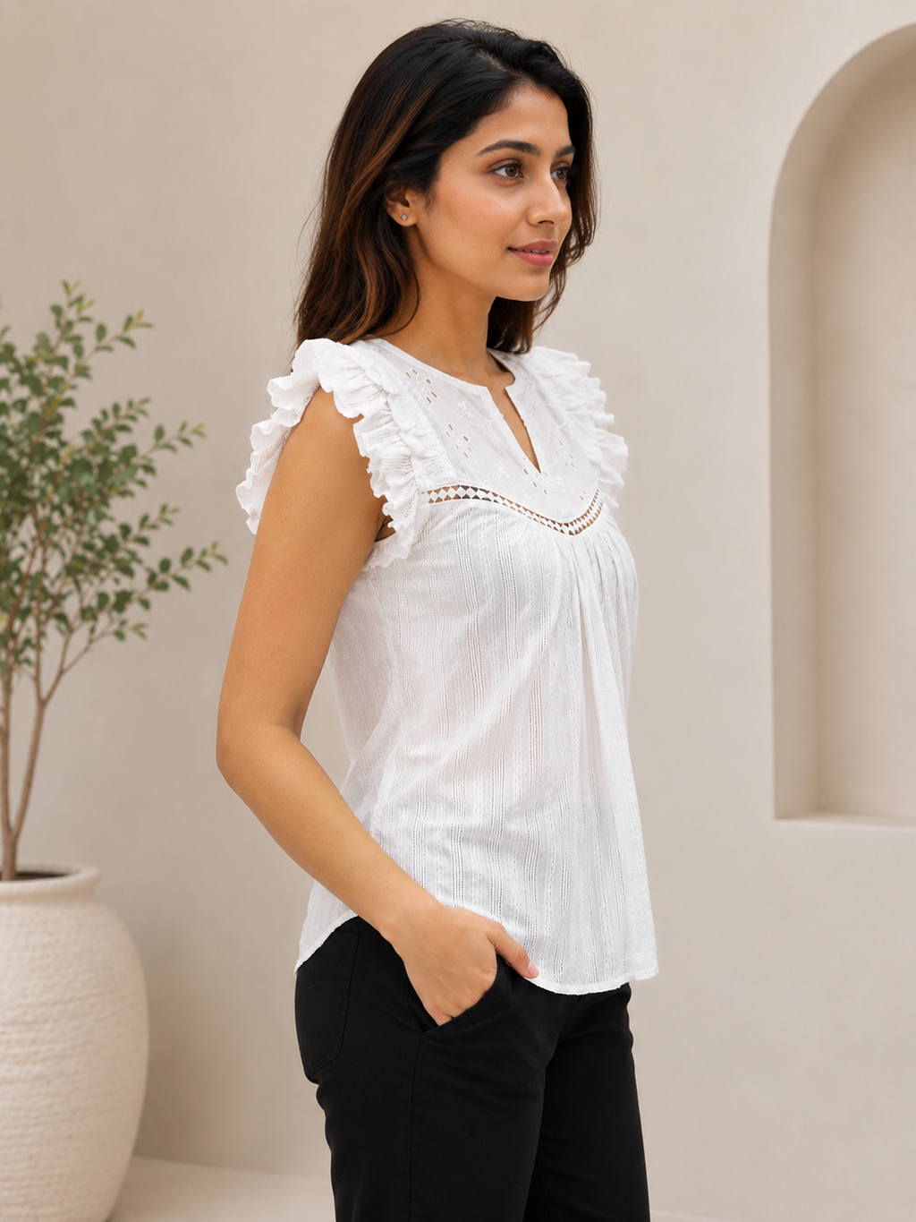Autumn Hues White Embroidered Ruffle Sleeve Top