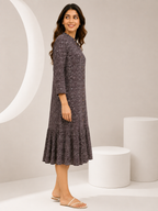 Autumn Hues Printed A-Line Midi Dress with Mandarin Collar