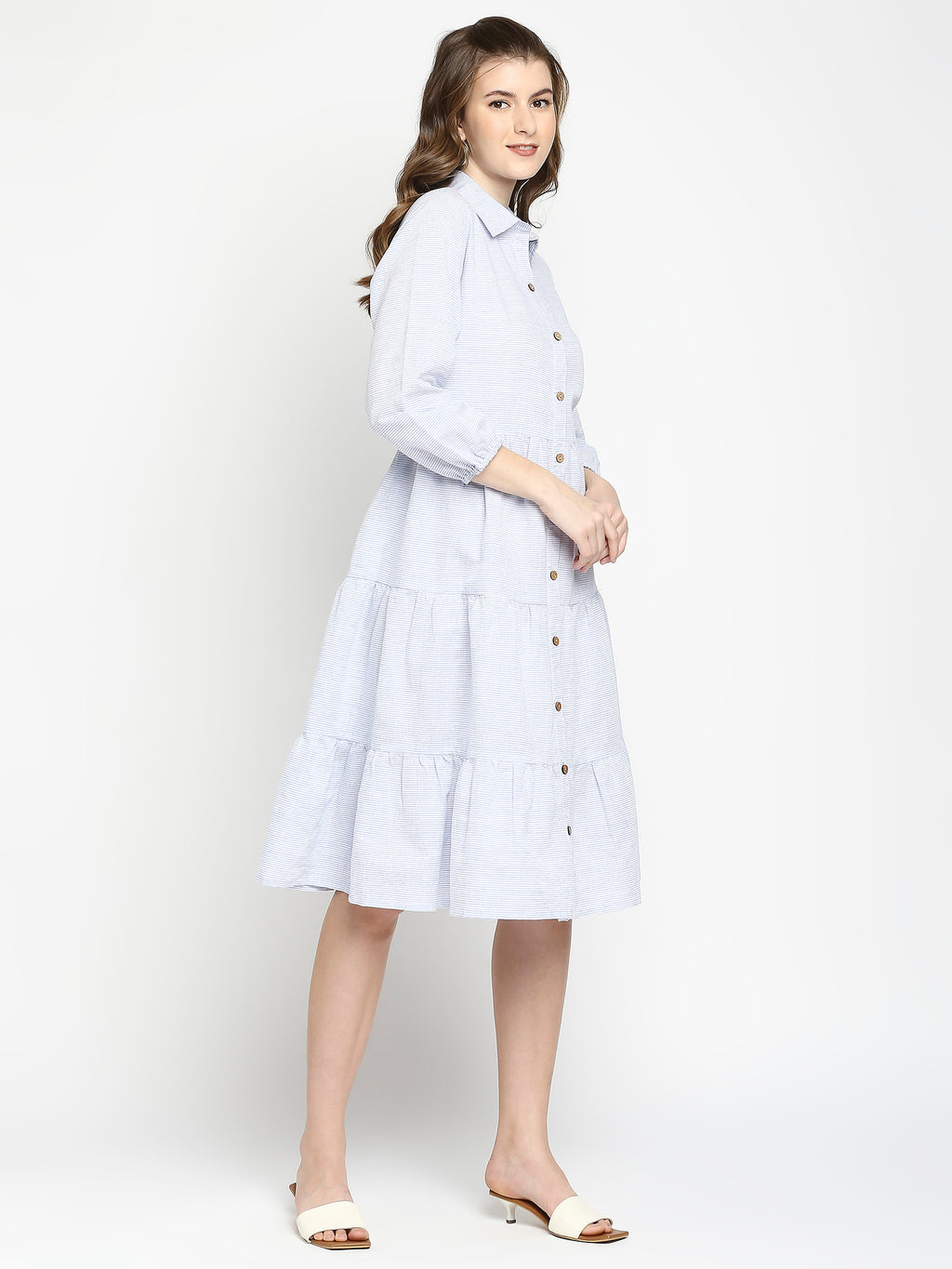 Autumn Hues Blue & White Striped Shirt Dress