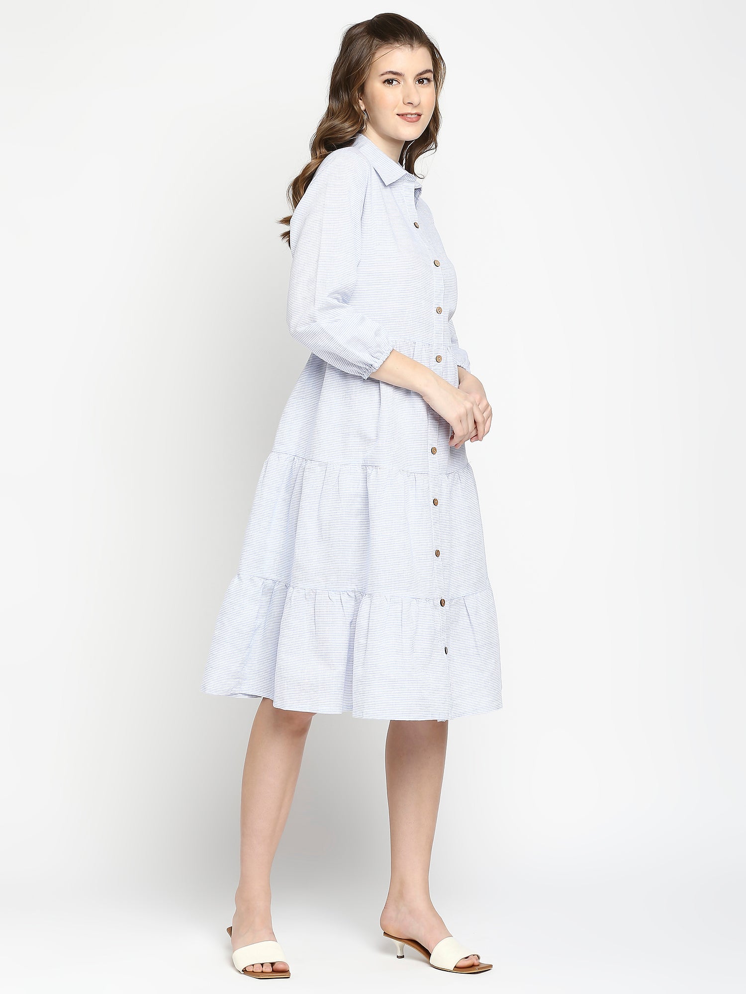 Autumn Hues Blue & White Striped Shirt Dress