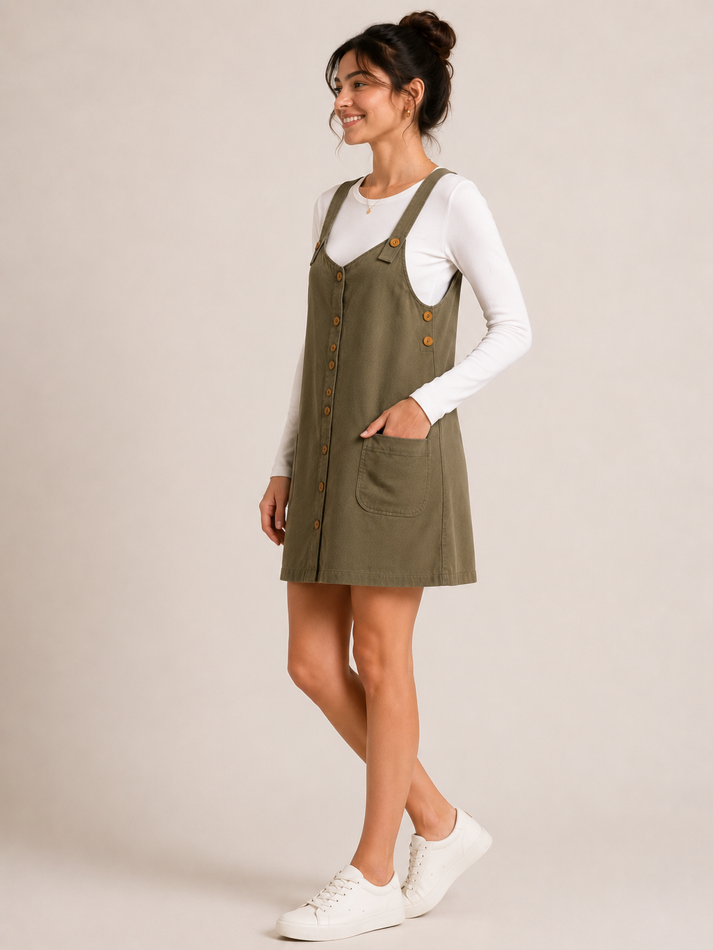 Autumn Hues Women’s Olive Green Button-Front Dungaree Dress