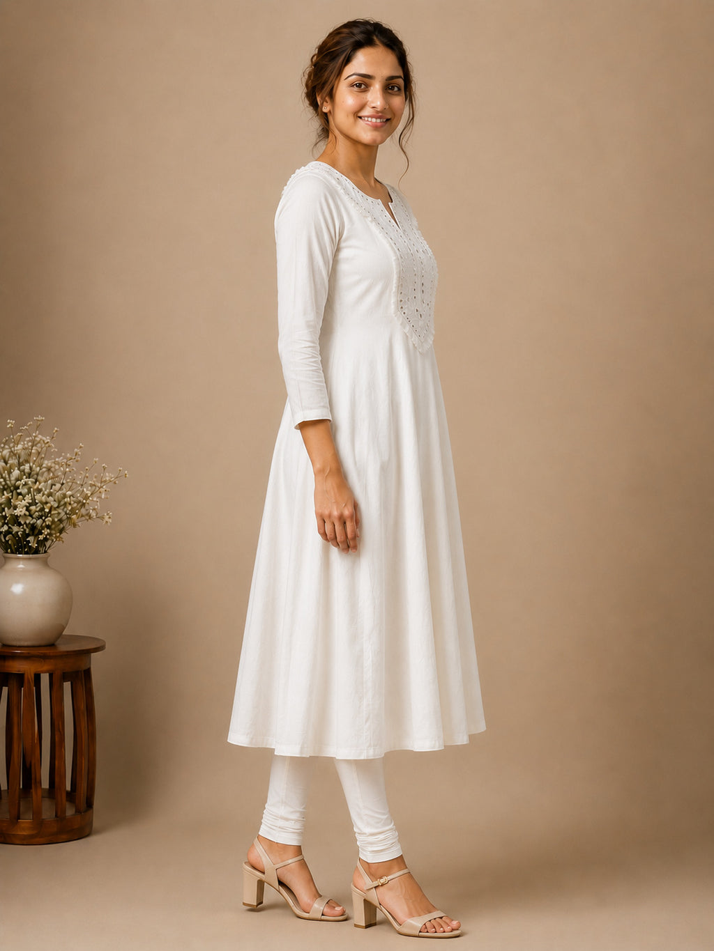 Autumn Hues Women's White Embroidered Anarkali Kurta