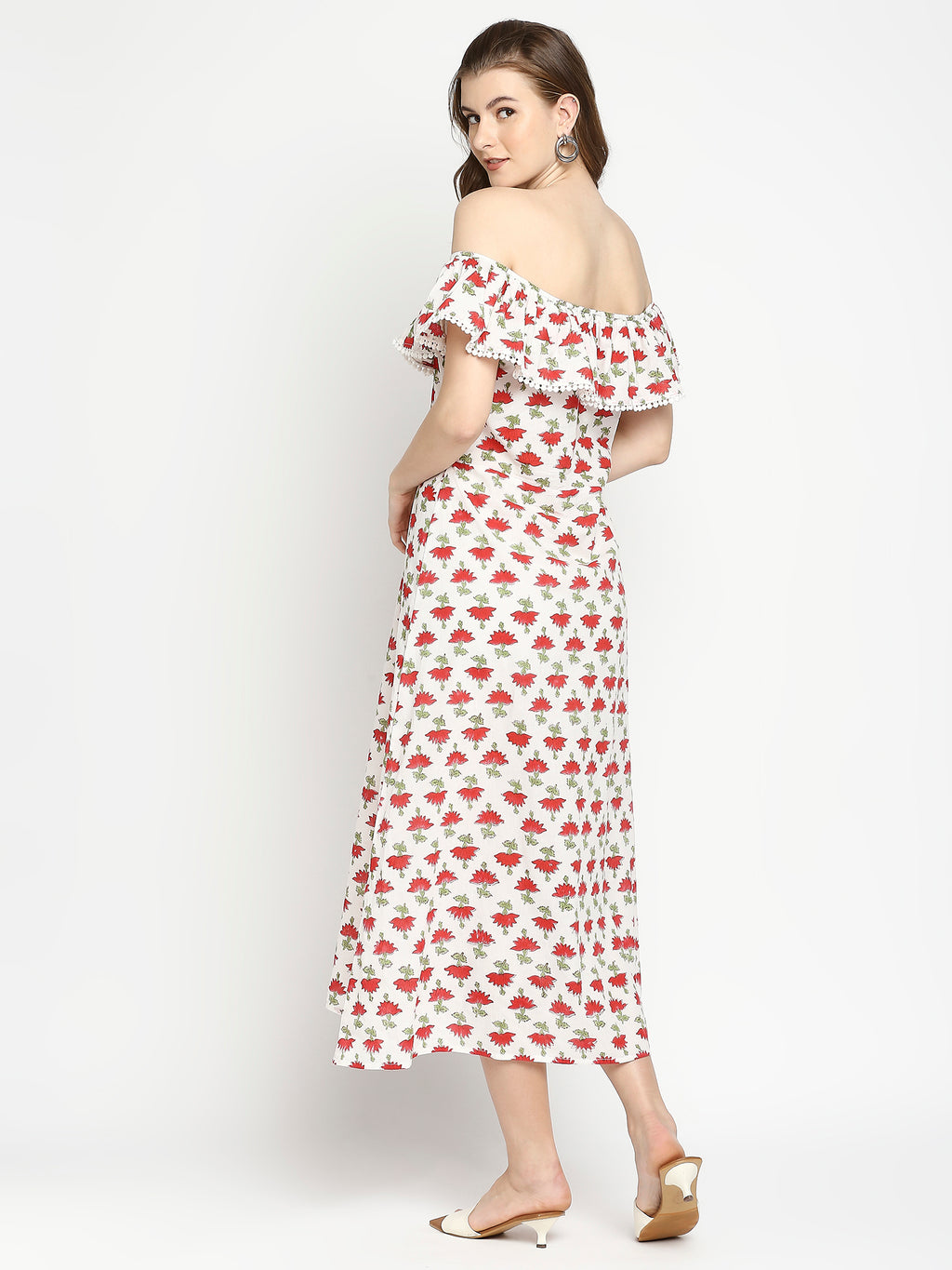 Autumn Hues Floral Printed Off-Shoulder A-Line Midi Dress