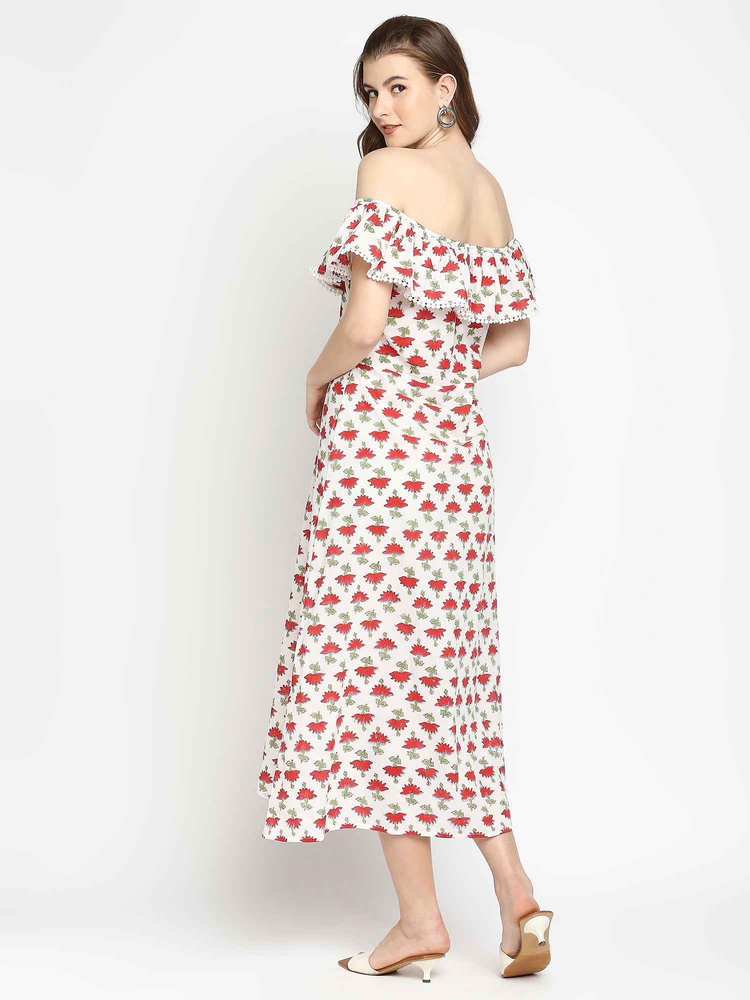 Autumn Hues Floral Printed Off-Shoulder A-Line Midi Dress