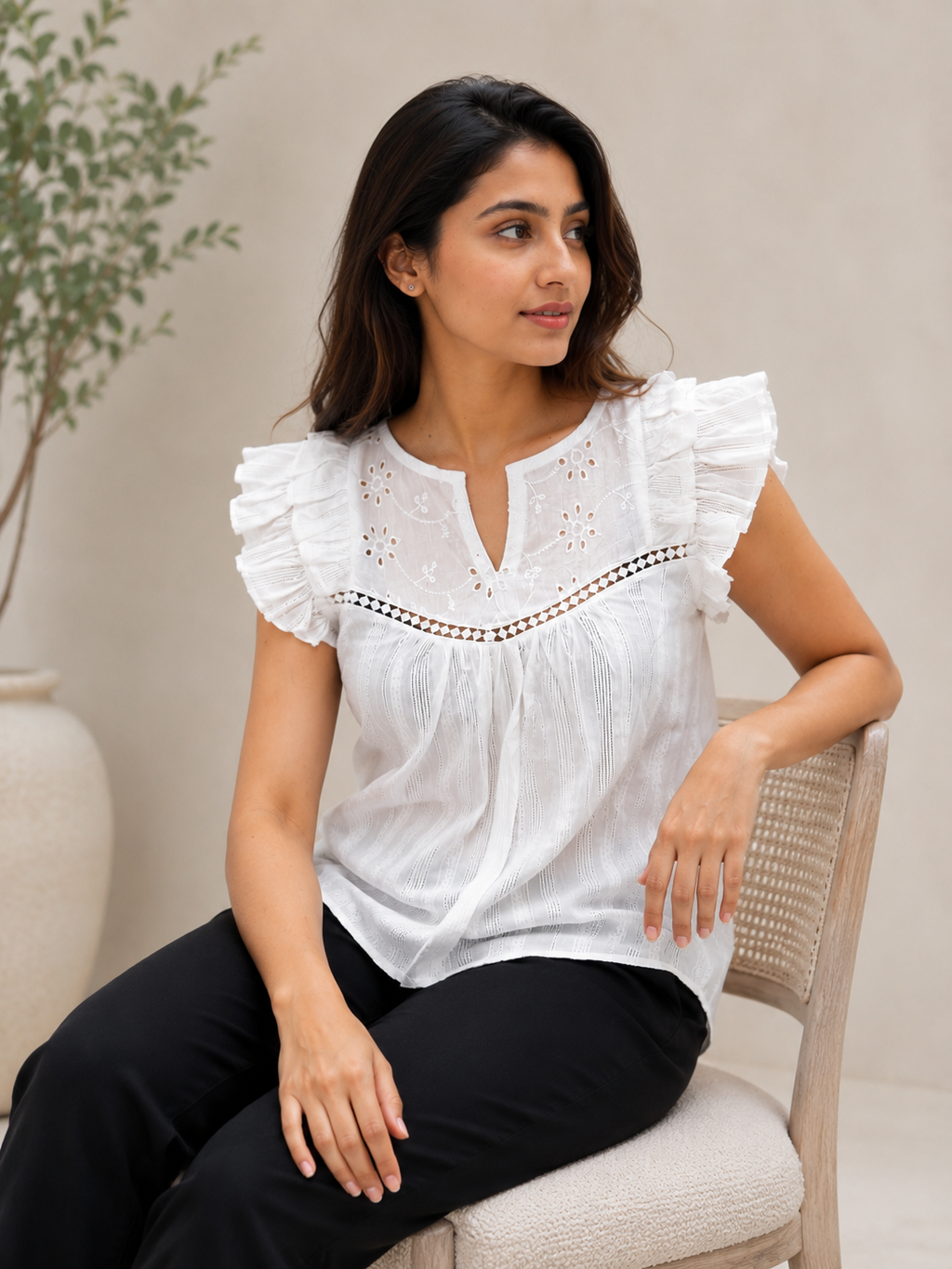 Autumn Hues White Embroidered Ruffle Sleeve Top