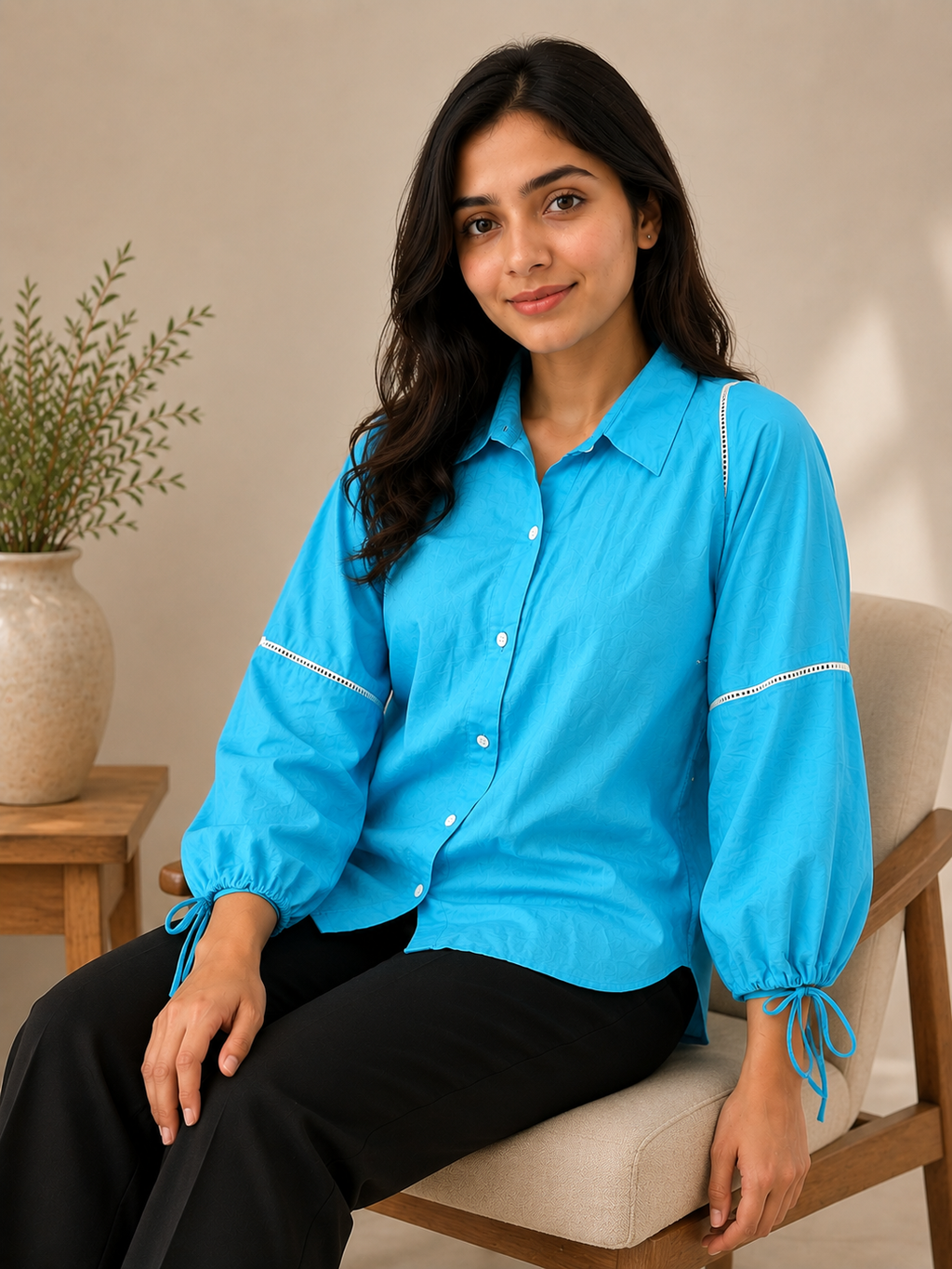 Autumn Hues Women’s Sky Blue Textured Shirt
