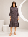 Autumn Hues Printed A-Line Midi Dress with Mandarin Collar