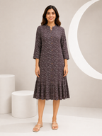 Autumn Hues Printed A-Line Midi Dress with Mandarin Collar