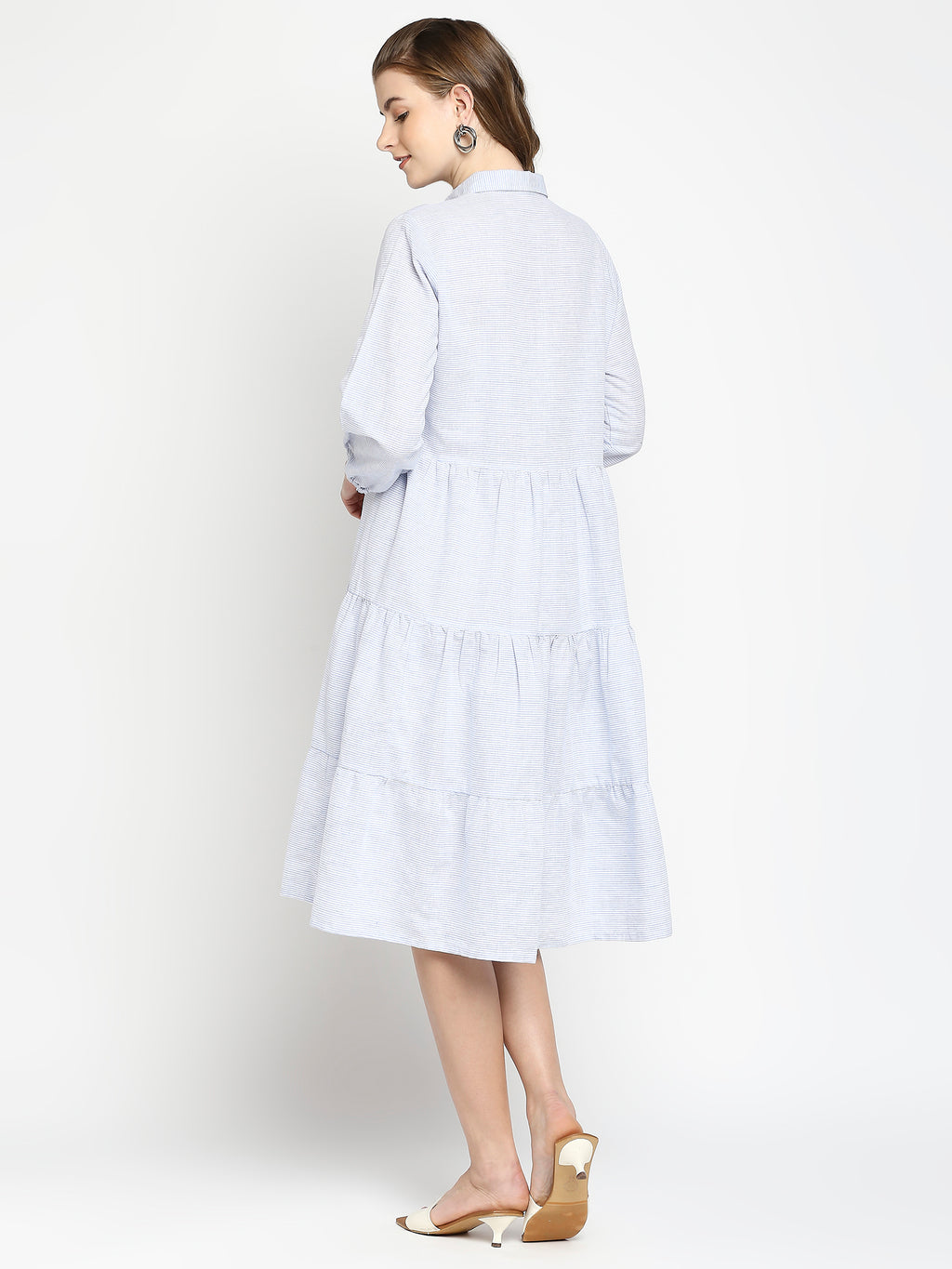 Autumn Hues Blue & White Striped Shirt Dress