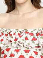 Autumn Hues Floral Printed Off-Shoulder A-Line Midi Dress