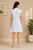 Autumn Hues Women's Sky Blue Printed Shirt Mini Dress