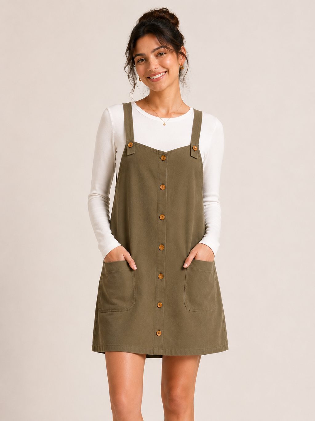 Autumn Hues Women’s Olive Green Button-Front Dungaree Dress