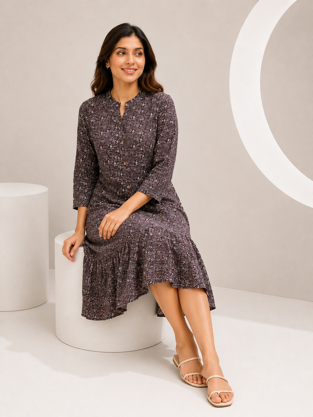 Autumn Hues Printed A-Line Midi Dress with Mandarin Collar