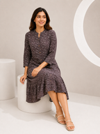 Autumn Hues Printed A-Line Midi Dress with Mandarin Collar