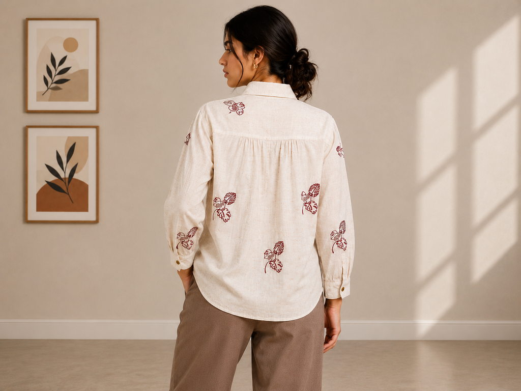 Autumn Hues Women's  Embroidered Collared Shirt