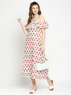 Autumn Hues Floral Printed Off-Shoulder A-Line Midi Dress