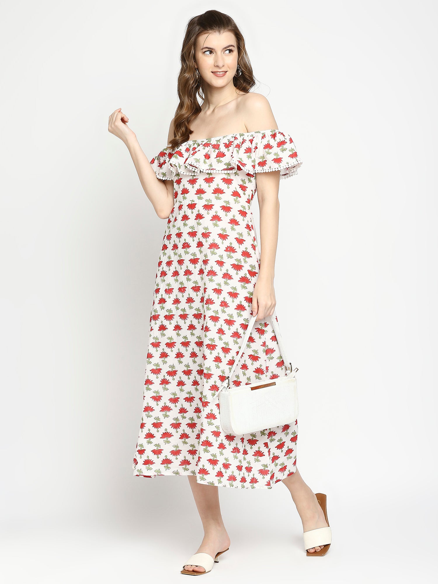 Autumn Hues Floral Printed Off-Shoulder A-Line Midi Dress