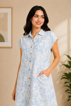 Autumn Hues Women's Sky Blue Printed Shirt Mini Dress