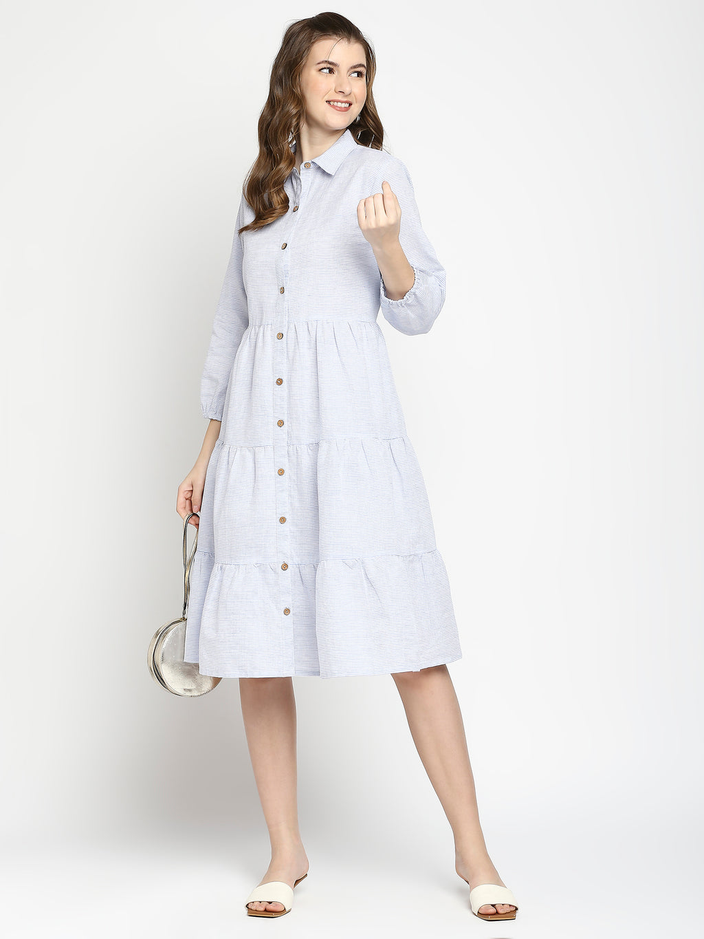 Autumn Hues Blue & White Striped Shirt Dress