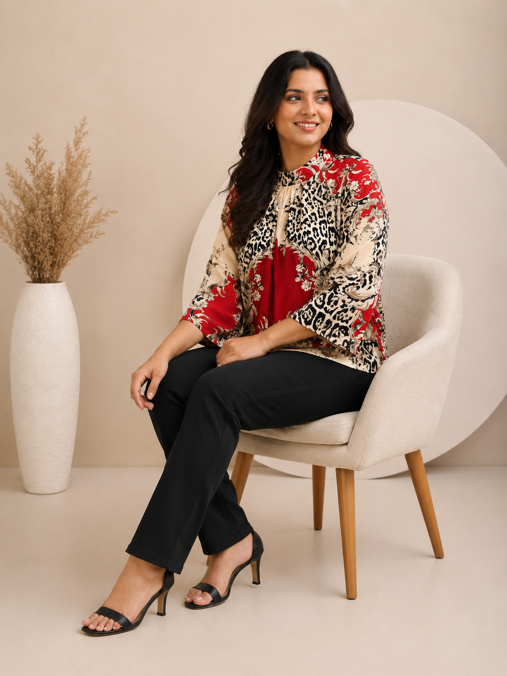 Women’s Printed High-Neck Flared Sleeve Top