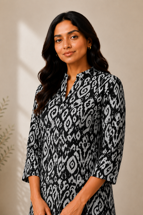 Autumn Hues Black & White Ikat Print Straight Kurta