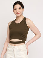 Autumn Hues Women Olive Green Solid Cotton Crop Top With Fixed Belt